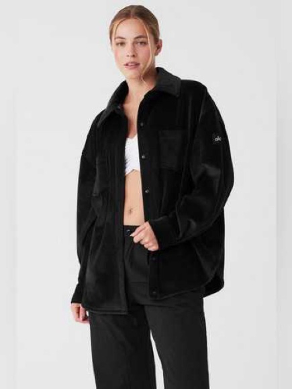 ALO Yoga Black Oversized Ribbed Velour Jacket EUC